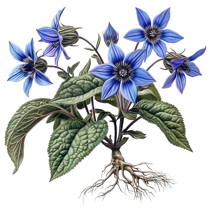 Watercolor botanical illustration of borage